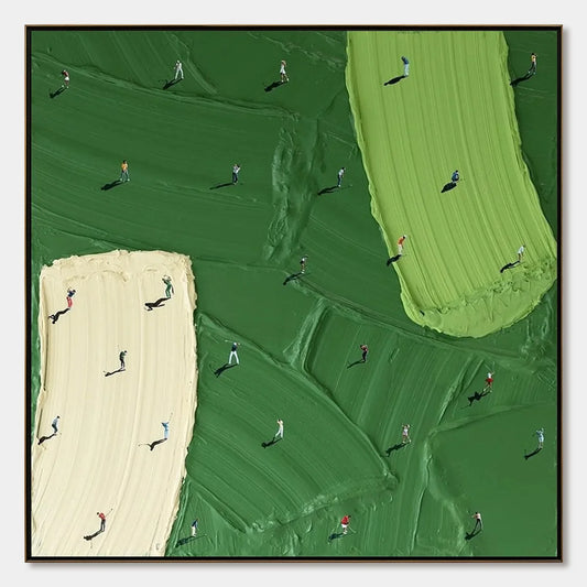 FAIRWAY DANCE: Textured Impasto Golf Scene Painting | hanging in FAIRWAY DANCE: Textured Impasto Golf Scene Painting featuring layered textured brushwork in refined tones; abstract composition with...