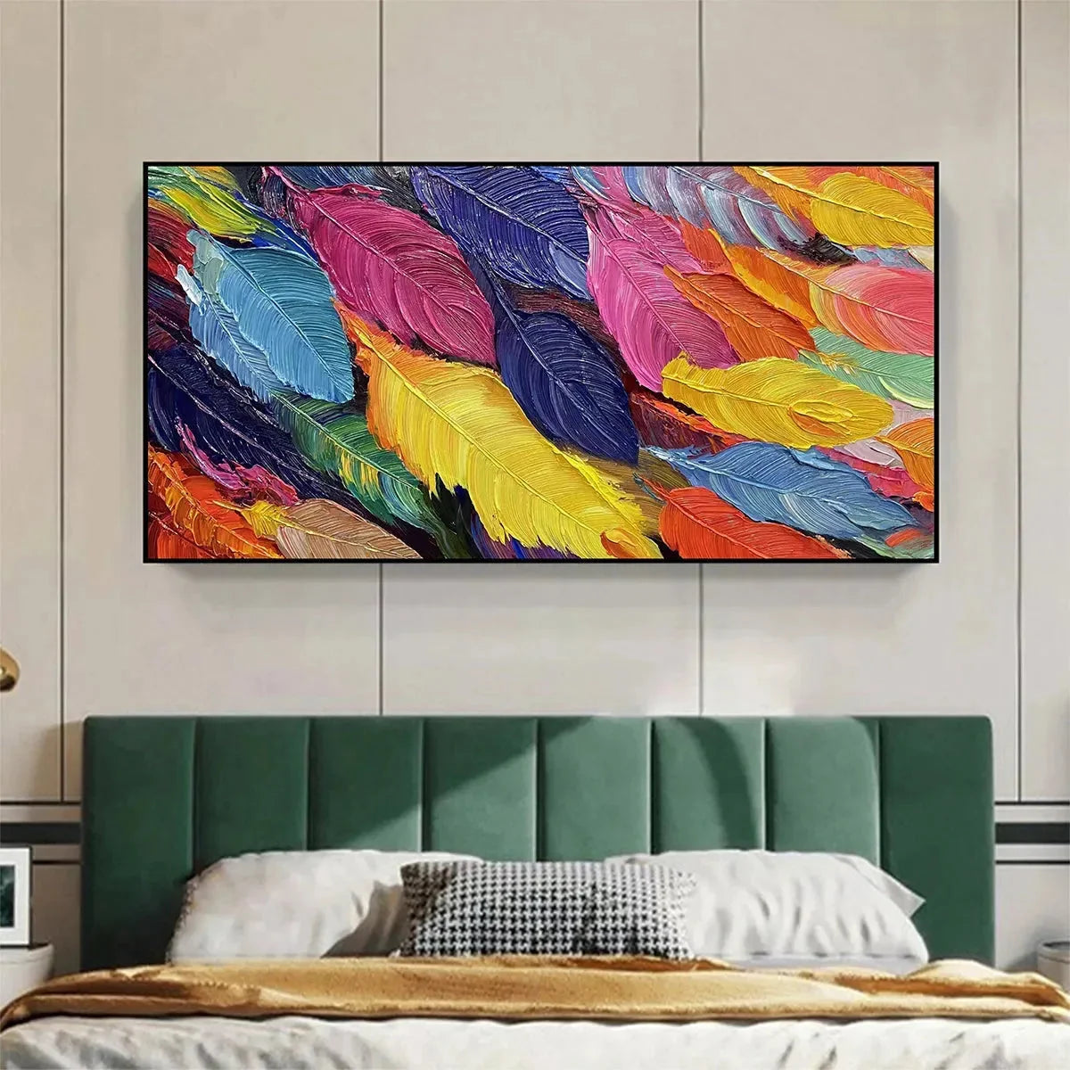 FEATHER DANCE: Horizontal Abstract Painting with Colorful Feathers, Textured Impasto, Modern Wall Art | Abstract closeup, raised brushwork detail