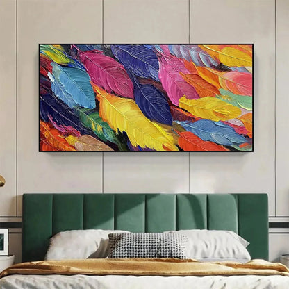 FEATHER DANCE: Horizontal Abstract Painting with Colorful Feathers, Textured Impasto, Modern Wall Art | Abstract closeup, raised brushwork detail