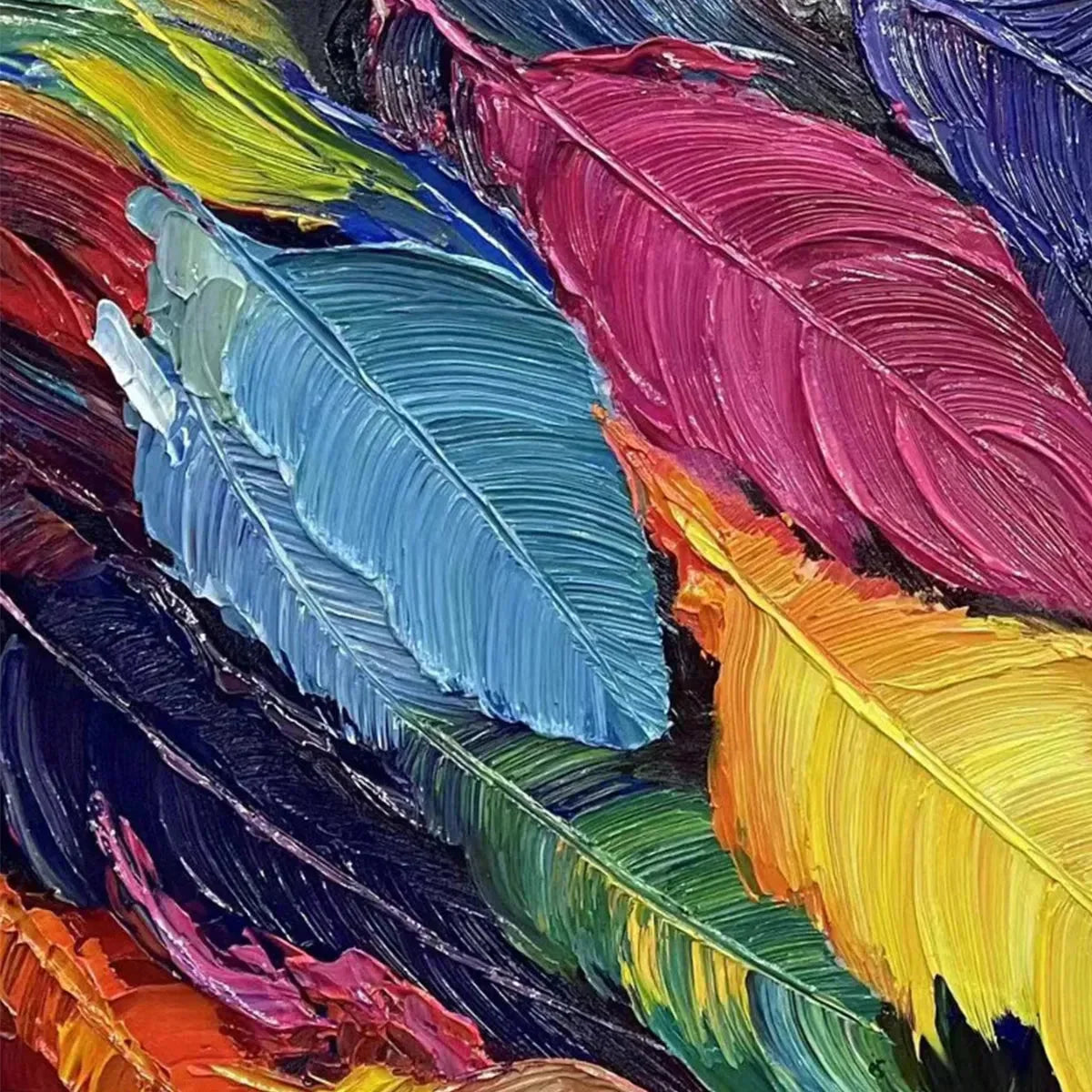 FEATHER DANCE: Horizontal Abstract Painting with Colorful Feathers, Textured Impasto, Modern Wall Art | rectangular format, hand-painted canvas edge