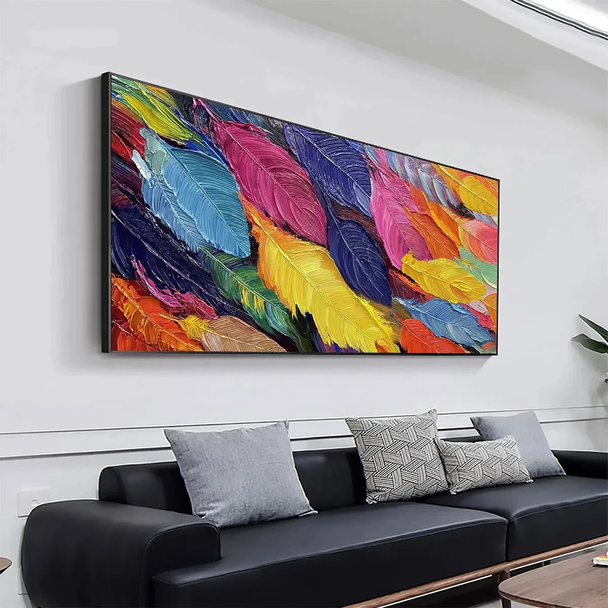 FEATHER DANCE: Horizontal Abstract Painting with Colorful Feathers, Textured Impasto, Modern Wall Art | gold frame stretched on neutral wall