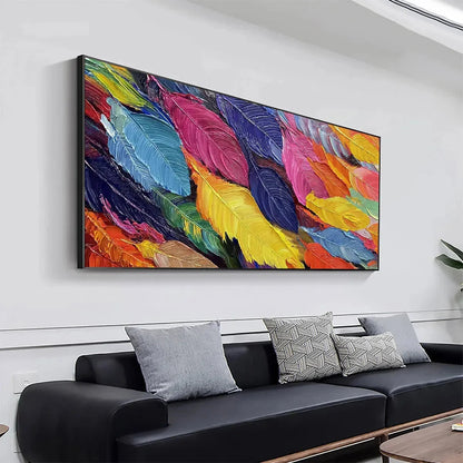FEATHER DANCE: Horizontal Abstract Painting with Colorful Feathers, Textured Impasto, Modern Wall Art | gold frame stretched on neutral wall