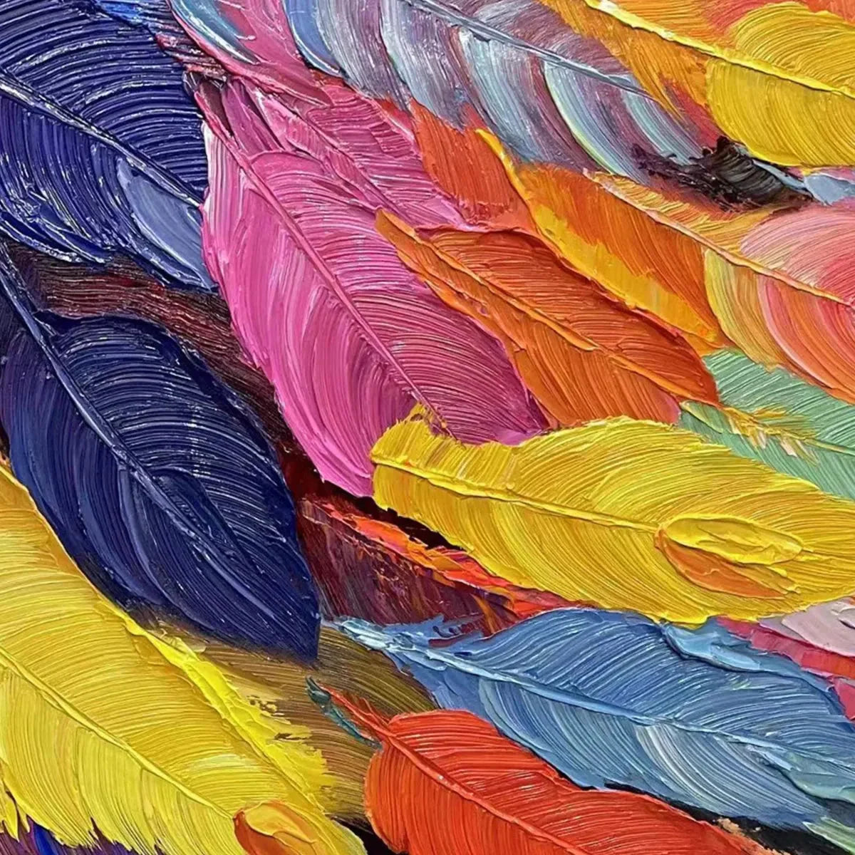 FEATHER DANCE: Horizontal Abstract Painting with Colorful Feathers, Textured Impasto, Modern Wall Art | rolled canvas, ready for custom framing