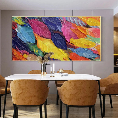 FEATHER DANCE: Horizontal Abstract Painting with Colorful Feathers, Textured Impasto, Modern Wall Art | black frame version on white wall