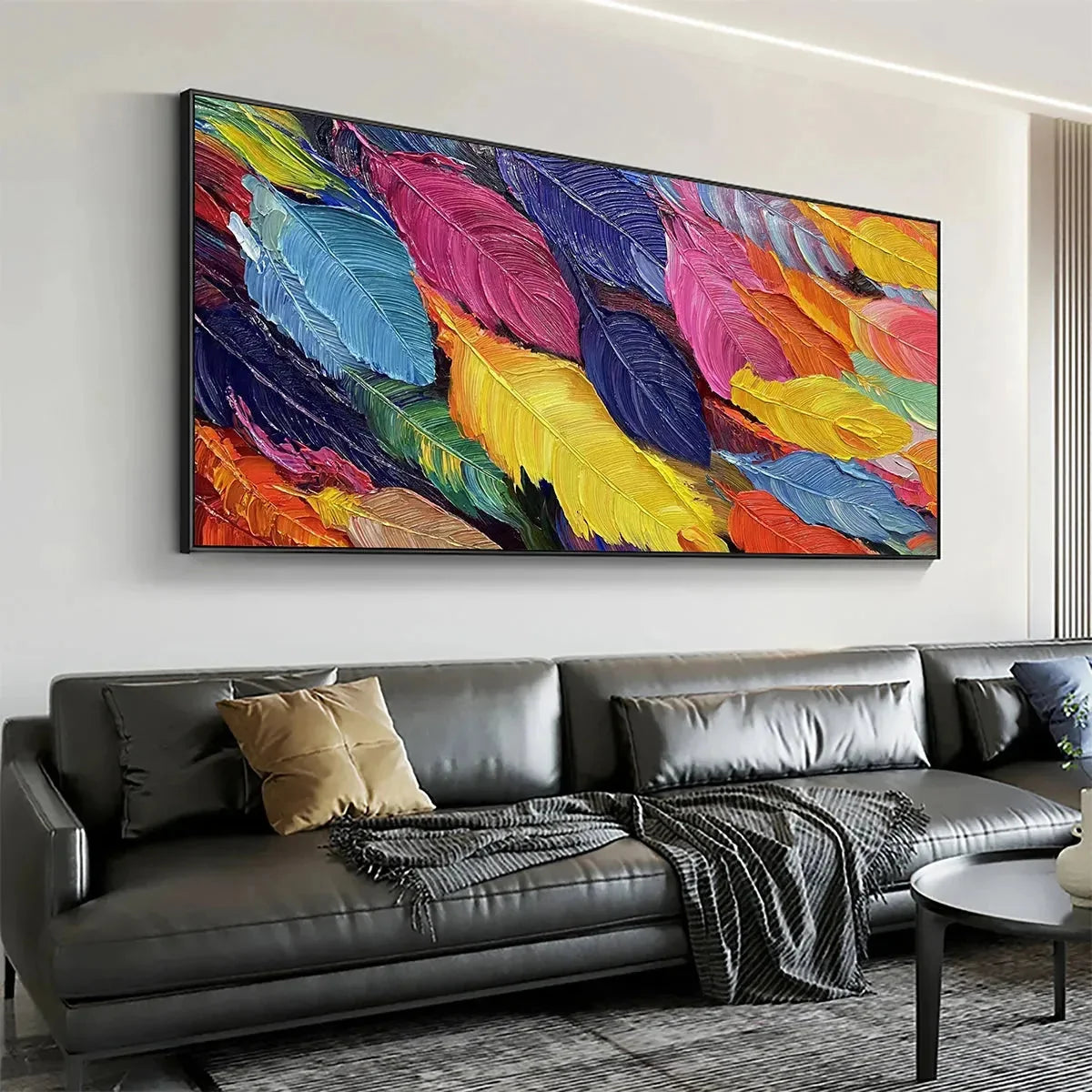 FEATHER DANCE: Horizontal Abstract Painting with Colorful Feathers, Textured Impasto, Modern Wall Art | Abstract mood, soft natural light studio shot