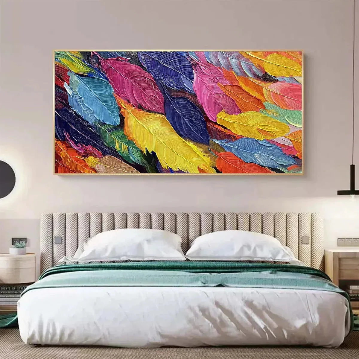 FEATHER DANCE: Horizontal Abstract Painting with Colorful Feathers, Textured Impasto, Modern Wall Art | beige palette, original Hand-painted on premium stretched canvas using artist-grade oils; ric...
