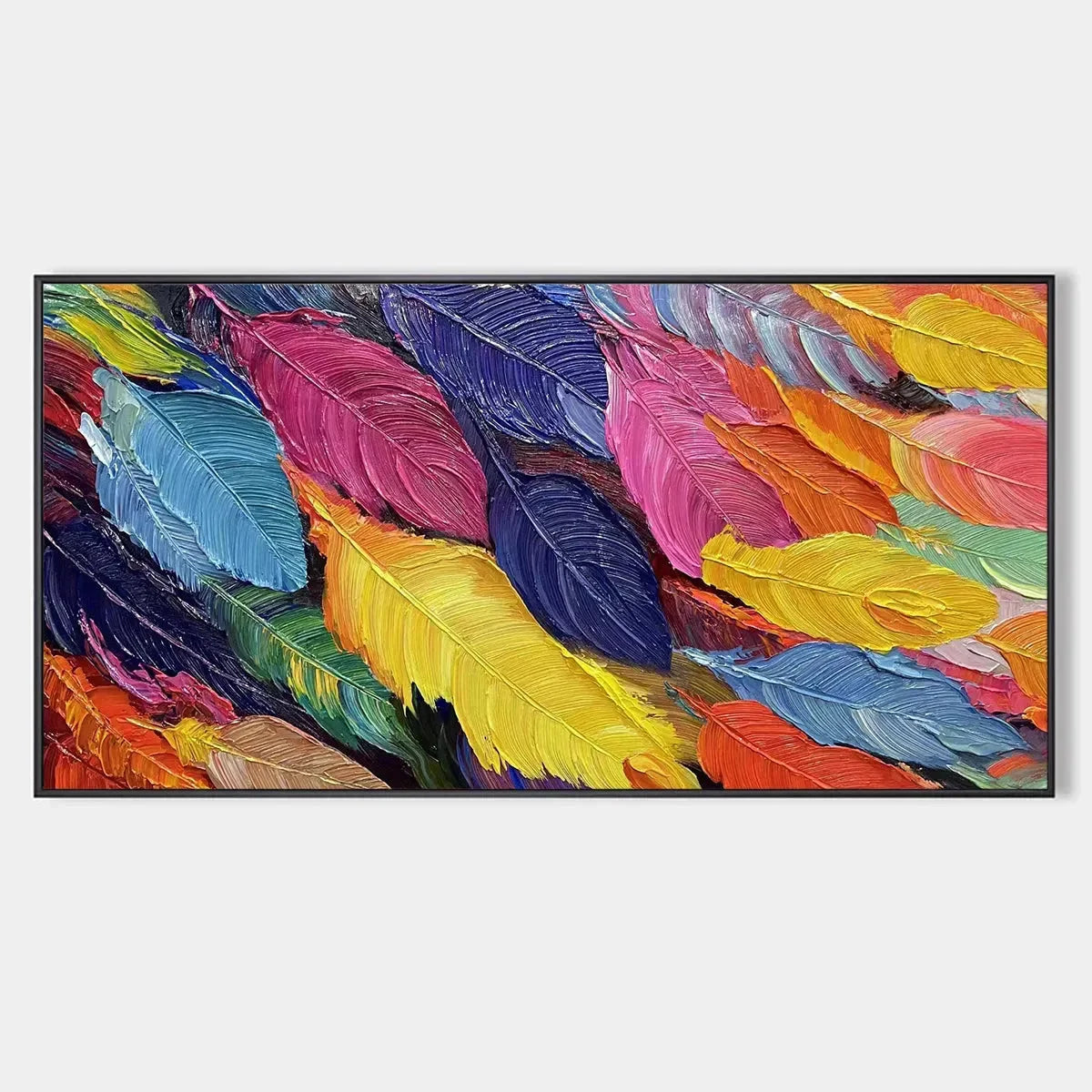 FEATHER DANCE: Horizontal Abstract Painting with Colorful Feathers, Textured Impasto, Modern Wall Art | hanging in FEATHER DANCE: Horizontal Abstract Painting with Colorful Feathers, Textured Impas...