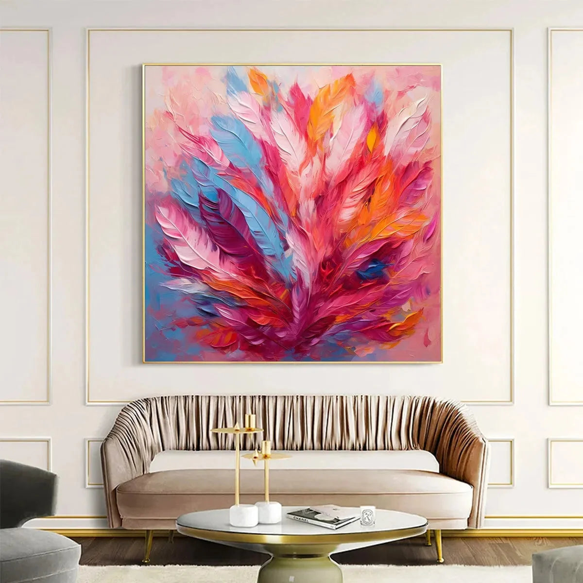 FEATHER DANCE: Square Abstract Impasto Oil Painting on Canvas | gold frame stretched on neutral wall