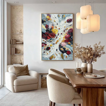 FESTA DEI COLORI: Vertical Colorful Impasto Abstract Textured Oil Painting | gold frame stretched on neutral wall