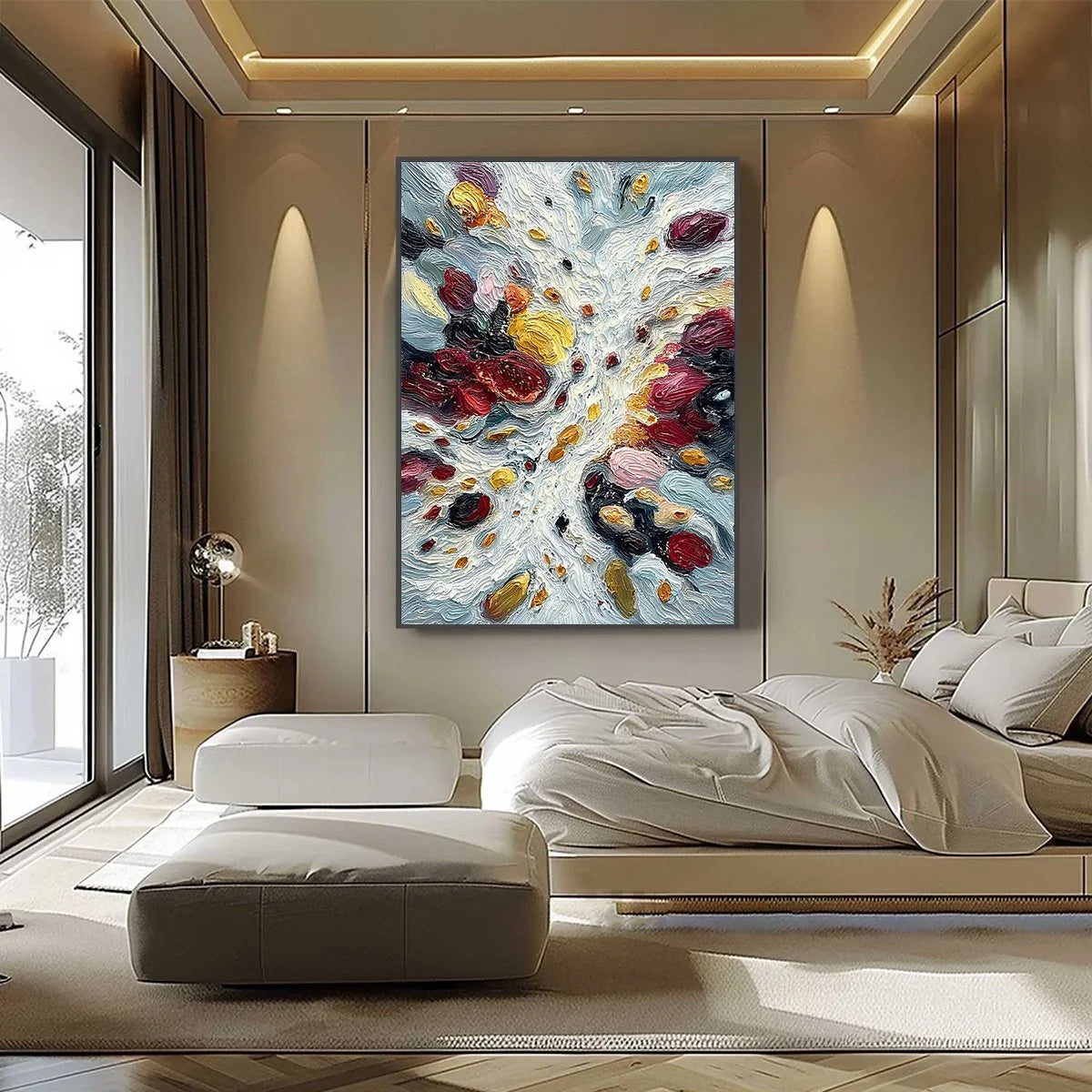 FESTA DEI COLORI: Vertical Colorful Impasto Abstract Textured Oil Painting | black frame version on white wall