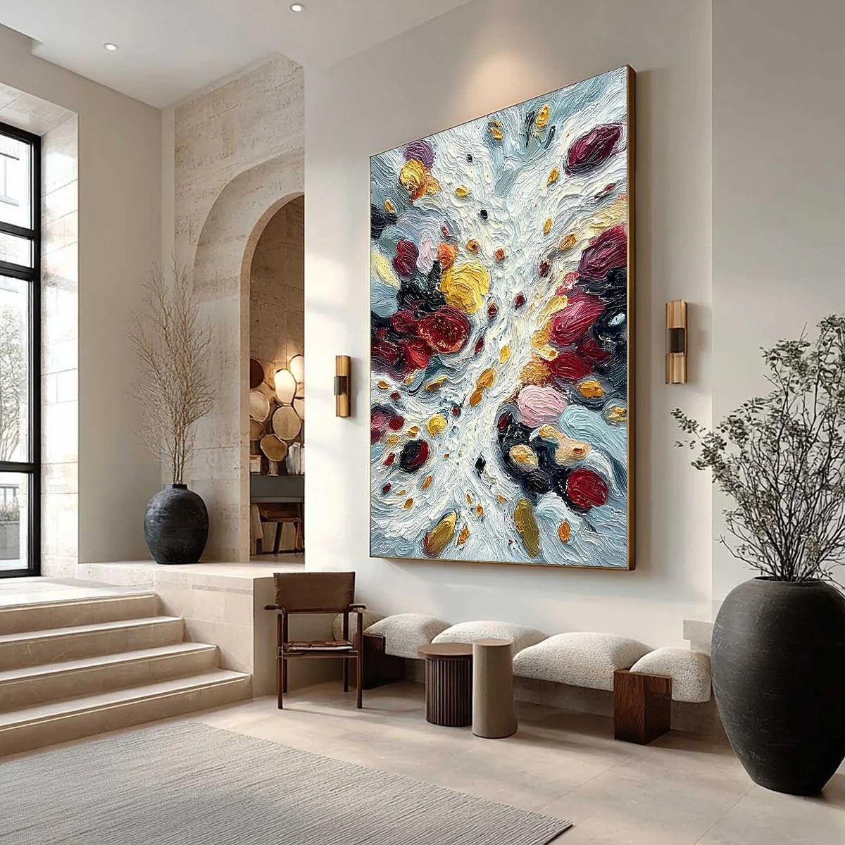 FESTA DEI COLORI: Vertical Colorful Impasto Abstract Textured Oil Painting | Abstract mood, soft natural light studio shot