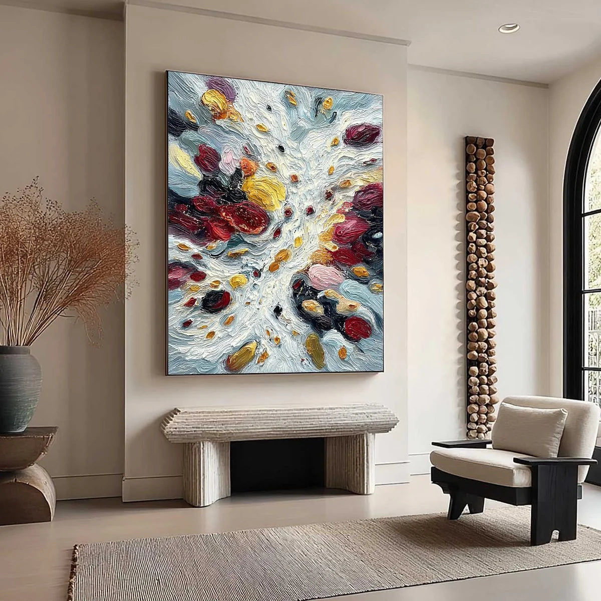 FESTA DEI COLORI: Vertical Colorful Impasto Abstract Textured Oil Painting | beige palette, original Hand-painted on premium stretched canvas using artist-grade oils; rich layered surface combines ...
