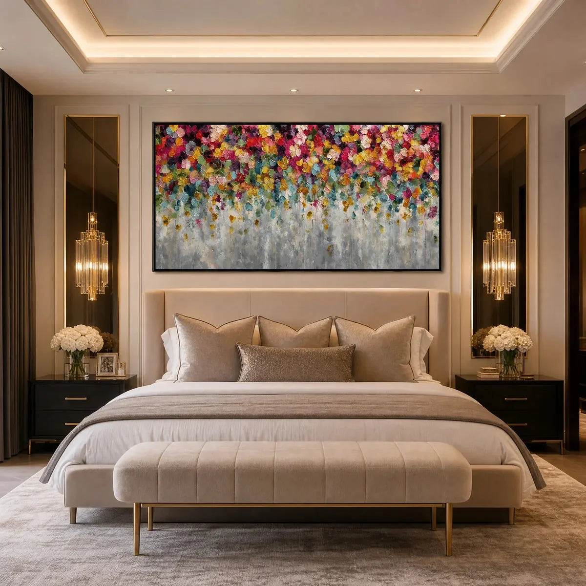 FESTIVAL: Colorful Abstract Floral Impasto Painting | gold frame stretched on neutral wall
