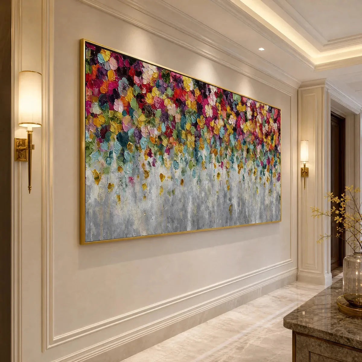 FESTIVAL: Colorful Abstract Floral Impasto Painting | black frame version on white wall