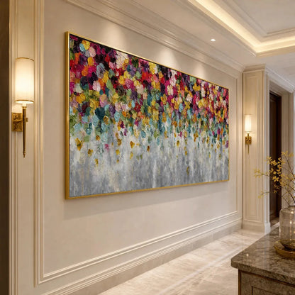 FESTIVAL: Colorful Abstract Floral Impasto Painting | black frame version on white wall