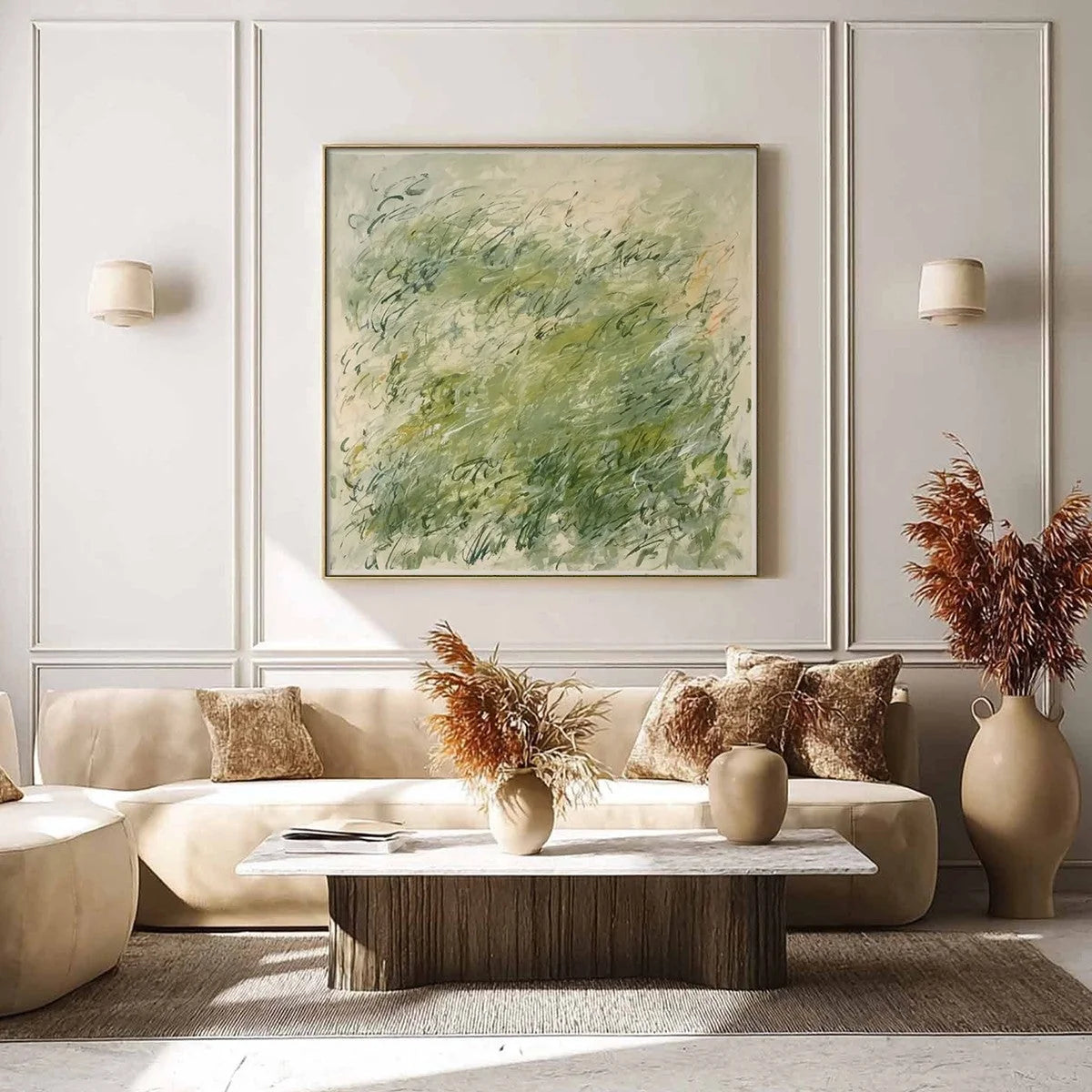 FIELD BREEZE: Minimalist Abstract Green Landscape Oil Painting | gold frame stretched on neutral wall