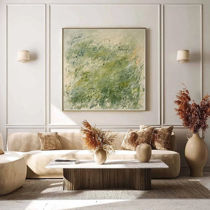 FIELD BREEZE: Minimalist Abstract Green Landscape Oil Painting | gold frame stretched on neutral wall