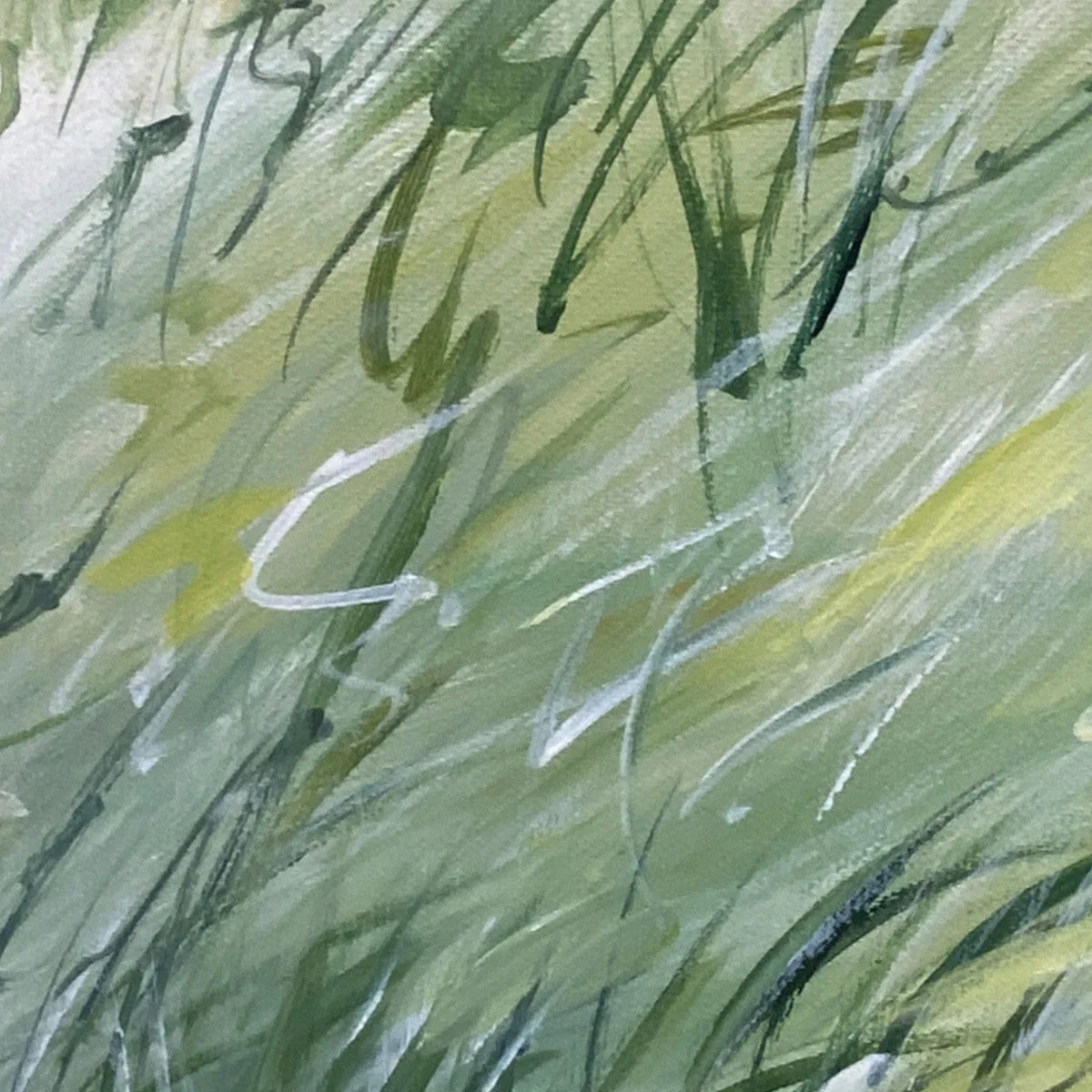 FIELD BREEZE: Minimalist Abstract Green Landscape Oil Painting | black frame version on white wall