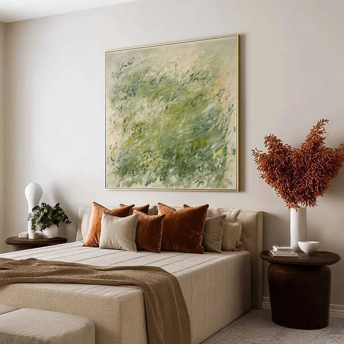FIELD BREEZE: Minimalist Abstract Green Landscape Oil Painting | Minimalist mood, soft natural light studio shot