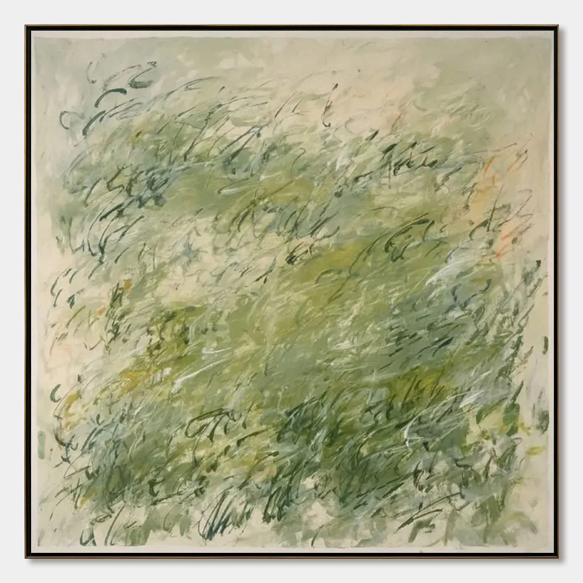 FIELD BREEZE: Minimalist Abstract Green Landscape Oil Painting | hanging in FIELD BREEZE: Minimalist Abstract Green Landscape Oil Painting featuring layered textured brushwork in refined tones; min...