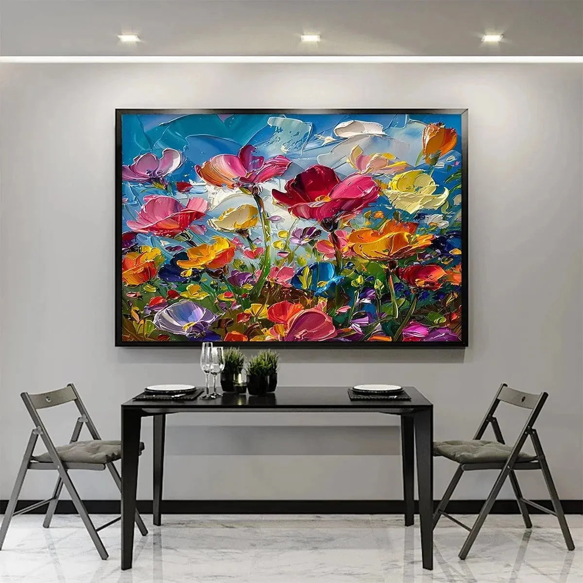 FIELD OF DREAMS: Textured Floral Painting, Impasto Wall Art, Horizontal Canvas, Wildflower Decor | gold frame stretched on neutral wall