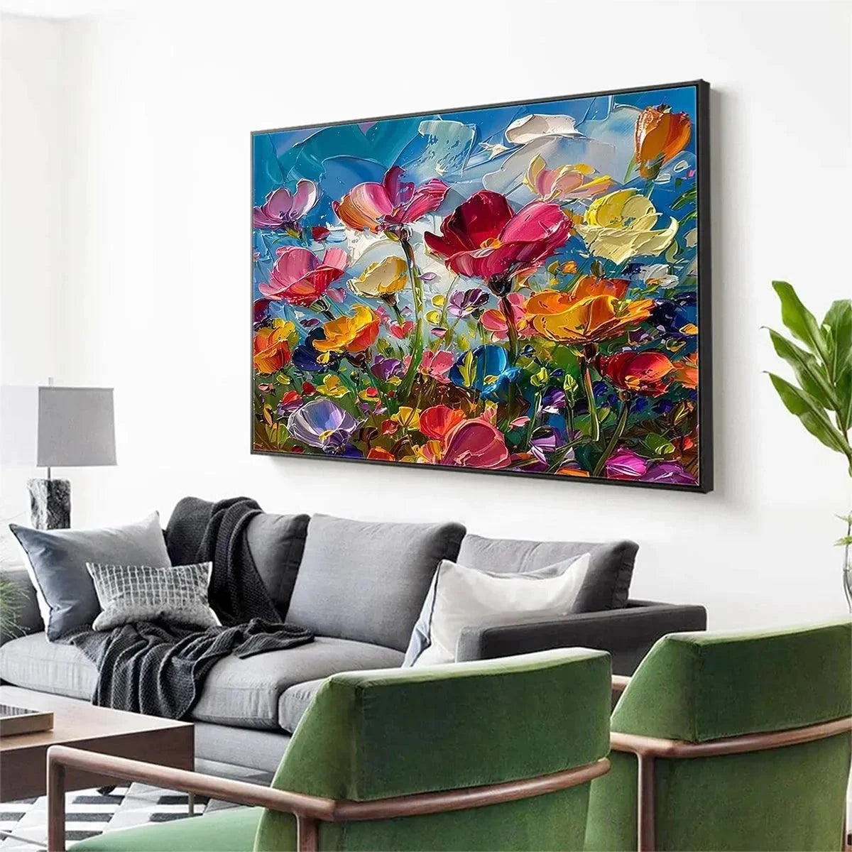 FIELD OF DREAMS: Textured Floral Painting, Impasto Wall Art, Horizontal Canvas, Wildflower Decor | black frame version on white wall