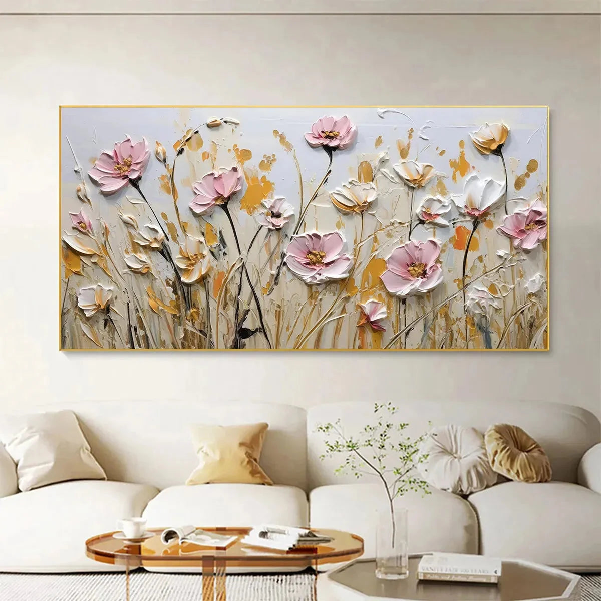 FIELD OF DREAMS: Horizontal Impasto Painting of Pink and White Flowers, Golden Field, Textured Wall Art | Abstract closeup, raised brushwork detail