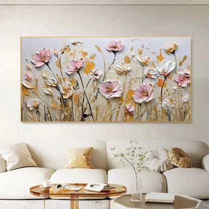 FIELD OF DREAMS: Horizontal Impasto Painting of Pink and White Flowers, Golden Field, Textured Wall Art | Abstract closeup, raised brushwork detail