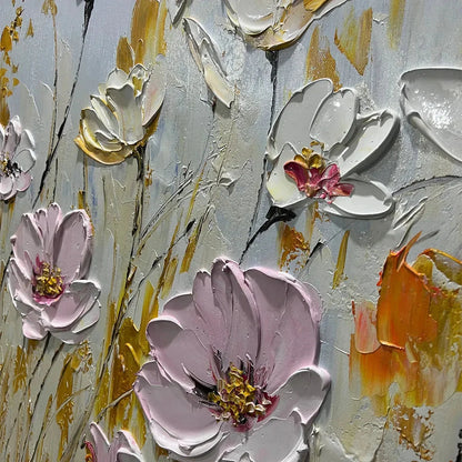 FIELD OF DREAMS: Horizontal Impasto Painting of Pink and White Flowers, Golden Field, Textured Wall Art | rectangular format, hand-painted canvas edge