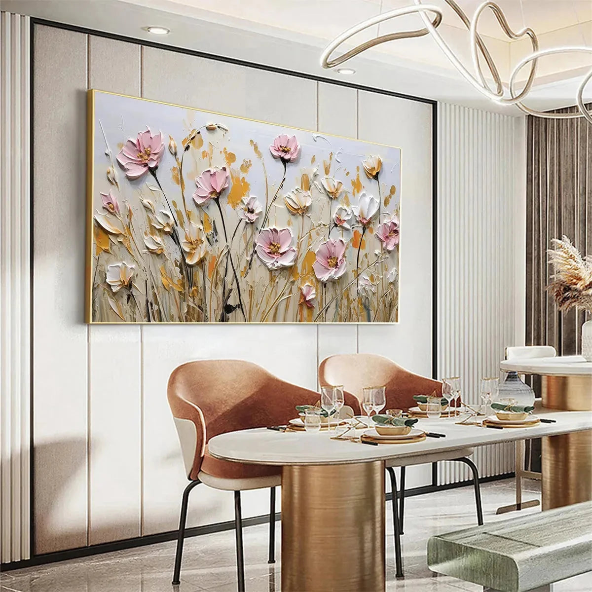 FIELD OF DREAMS: Horizontal Impasto Painting of Pink and White Flowers, Golden Field, Textured Wall Art | gold frame stretched on neutral wall