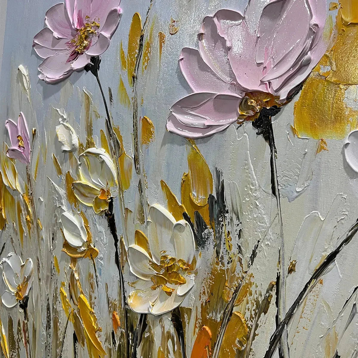 FIELD OF DREAMS: Horizontal Impasto Painting of Pink and White Flowers, Golden Field, Textured Wall Art | rolled canvas, ready for custom framing