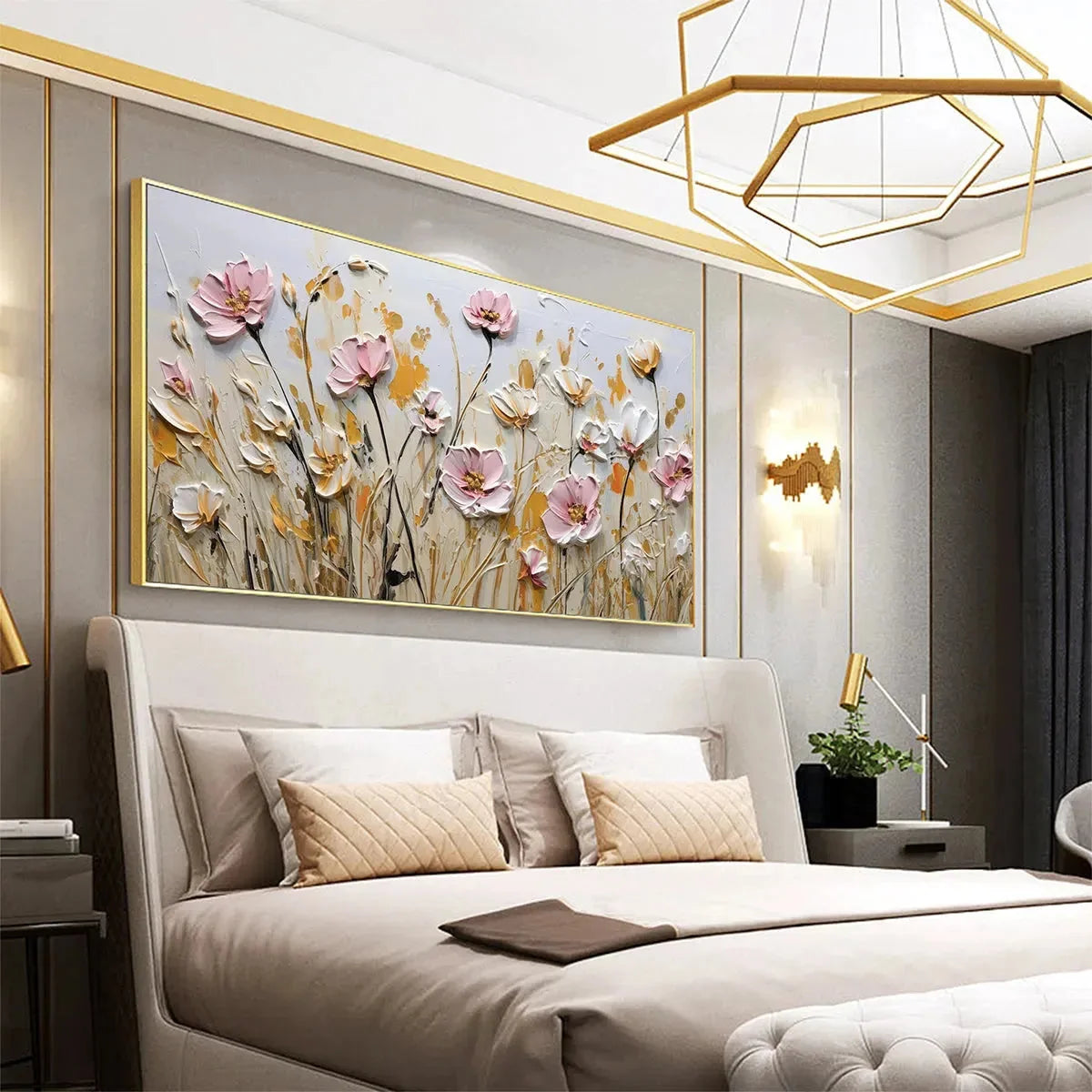 FIELD OF DREAMS: Horizontal Impasto Painting of Pink and White Flowers, Golden Field, Textured Wall Art | black frame version on white wall