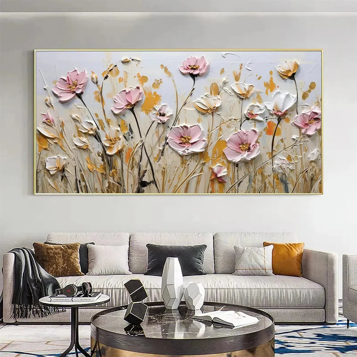 FIELD OF DREAMS: Horizontal Impasto Painting of Pink and White Flowers, Golden Field, Textured Wall Art | Abstract mood, soft natural light studio shot