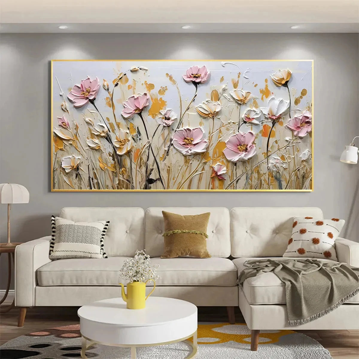 FIELD OF DREAMS: Horizontal Impasto Painting of Pink and White Flowers, Golden Field, Textured Wall Art | yellow palette, original Hand-painted on premium stretched canvas using artist-grade oils; ...