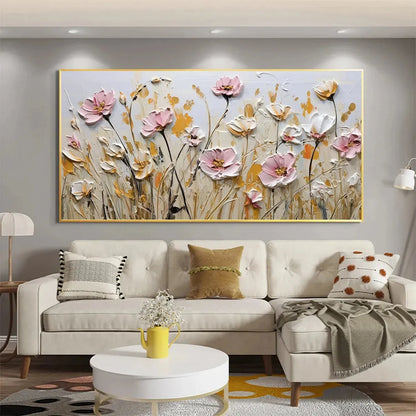FIELD OF DREAMS: Horizontal Impasto Painting of Pink and White Flowers, Golden Field, Textured Wall Art | yellow palette, original Hand-painted on premium stretched canvas using artist-grade oils; ...