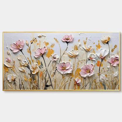 FIELD OF DREAMS: Horizontal Impasto Painting of Pink and White Flowers, Golden Field, Textured Wall Art | hanging in FIELD OF DREAMS: Horizontal Impasto Painting of Pink and White Flowers, Golden F...