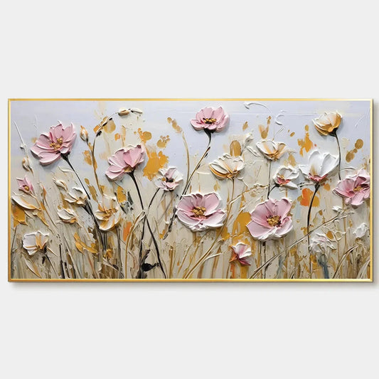 FIELD OF DREAMS: Horizontal Impasto Painting of Pink and White Flowers, Golden Field, Textured Wall Art | hanging in FIELD OF DREAMS: Horizontal Impasto Painting of Pink and White Flowers, Golden F...