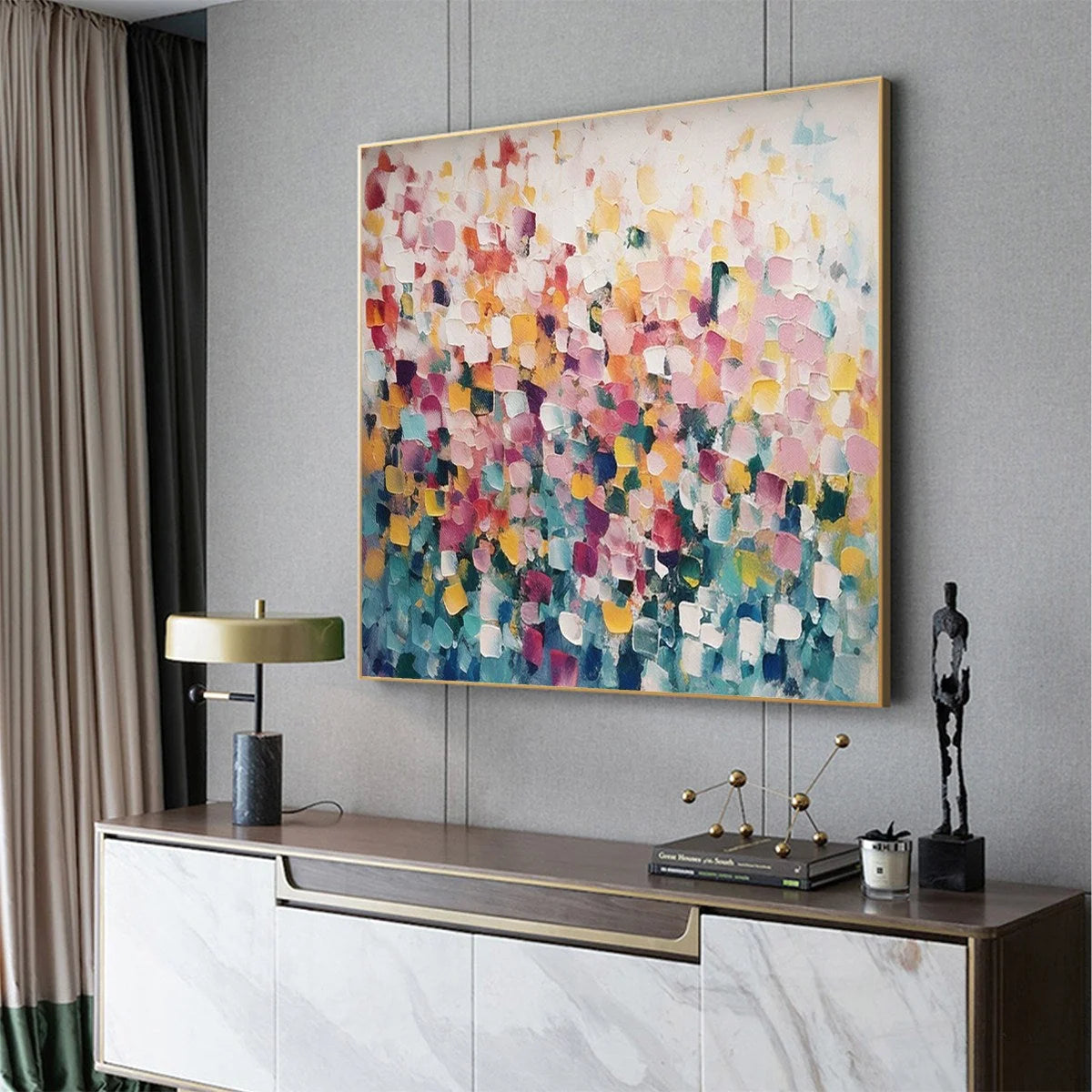 FIELD OF DREAMS: Square Abstract Impasto Painting, Textured Wall Art, Colorful, Living Room, Bedroom | gold frame stretched on neutral wall