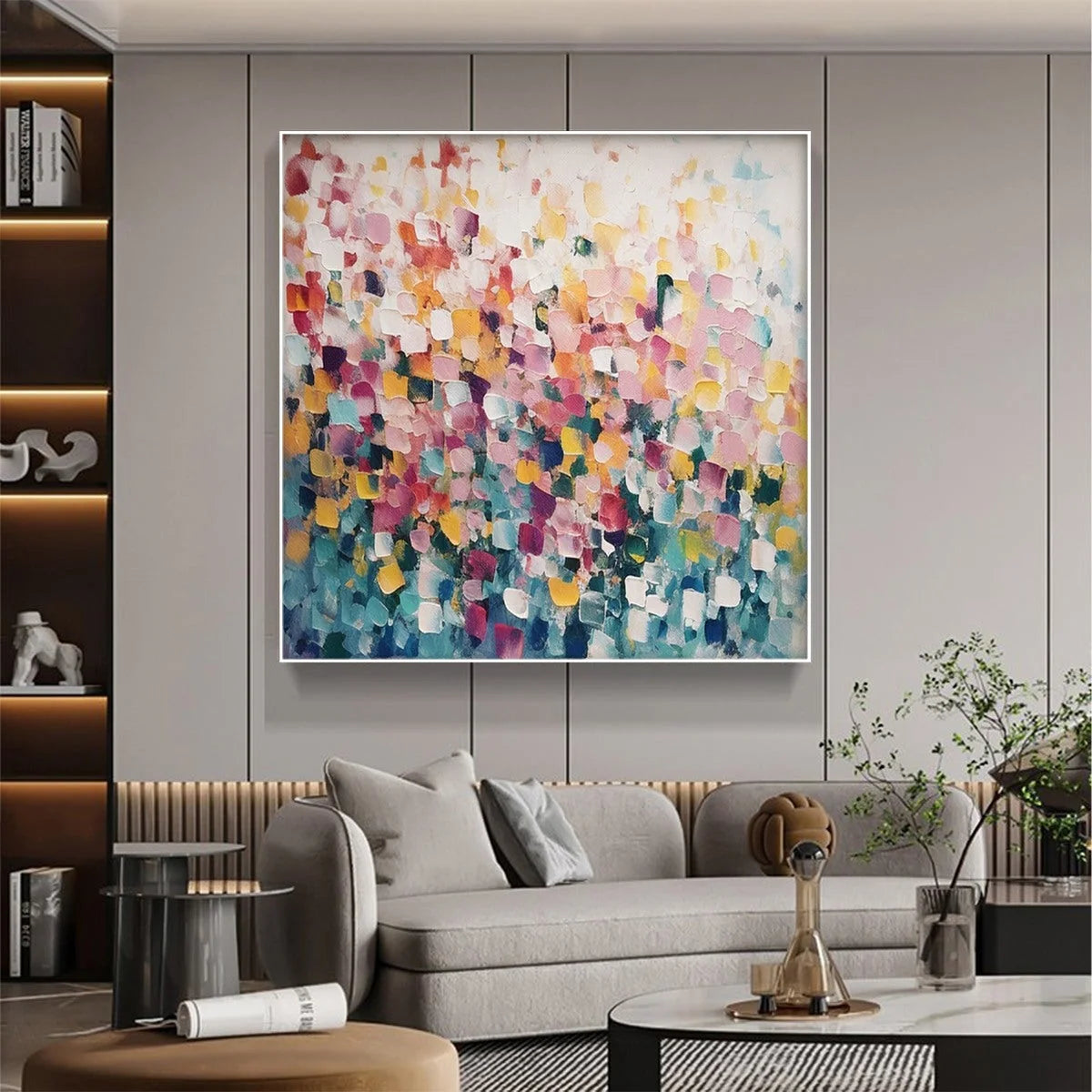 FIELD OF DREAMS: Square Abstract Impasto Painting, Textured Wall Art, Colorful, Living Room, Bedroom | black frame version on white wall