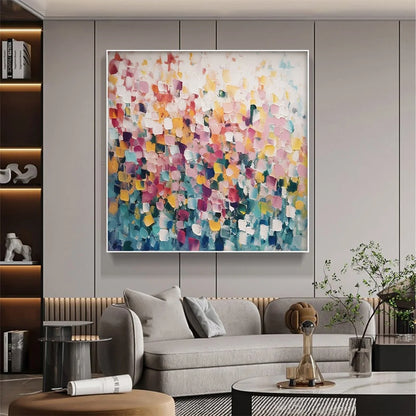 FIELD OF DREAMS: Square Abstract Impasto Painting, Textured Wall Art, Colorful, Living Room, Bedroom | black frame version on white wall