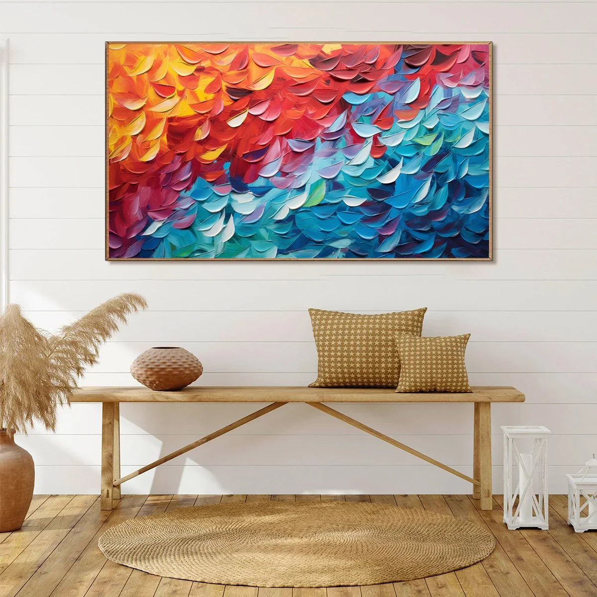 FIERY DANCE: Textured Abstract Oil Painting | gold frame stretched on neutral wall