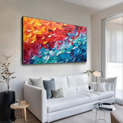 FIERY DANCE: Textured Abstract Oil Painting | black frame version on white wall