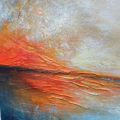 FIERY EMBRACE: Abstract Ocean Sunset Oil Painting | rectangular format, hand-painted canvas edge