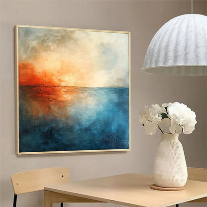 FIERY EMBRACE: Abstract Ocean Sunset Oil Painting | gold frame stretched on neutral wall