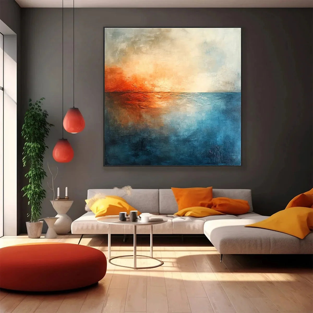 FIERY EMBRACE: Abstract Ocean Sunset Oil Painting | rolled canvas, ready for custom framing
