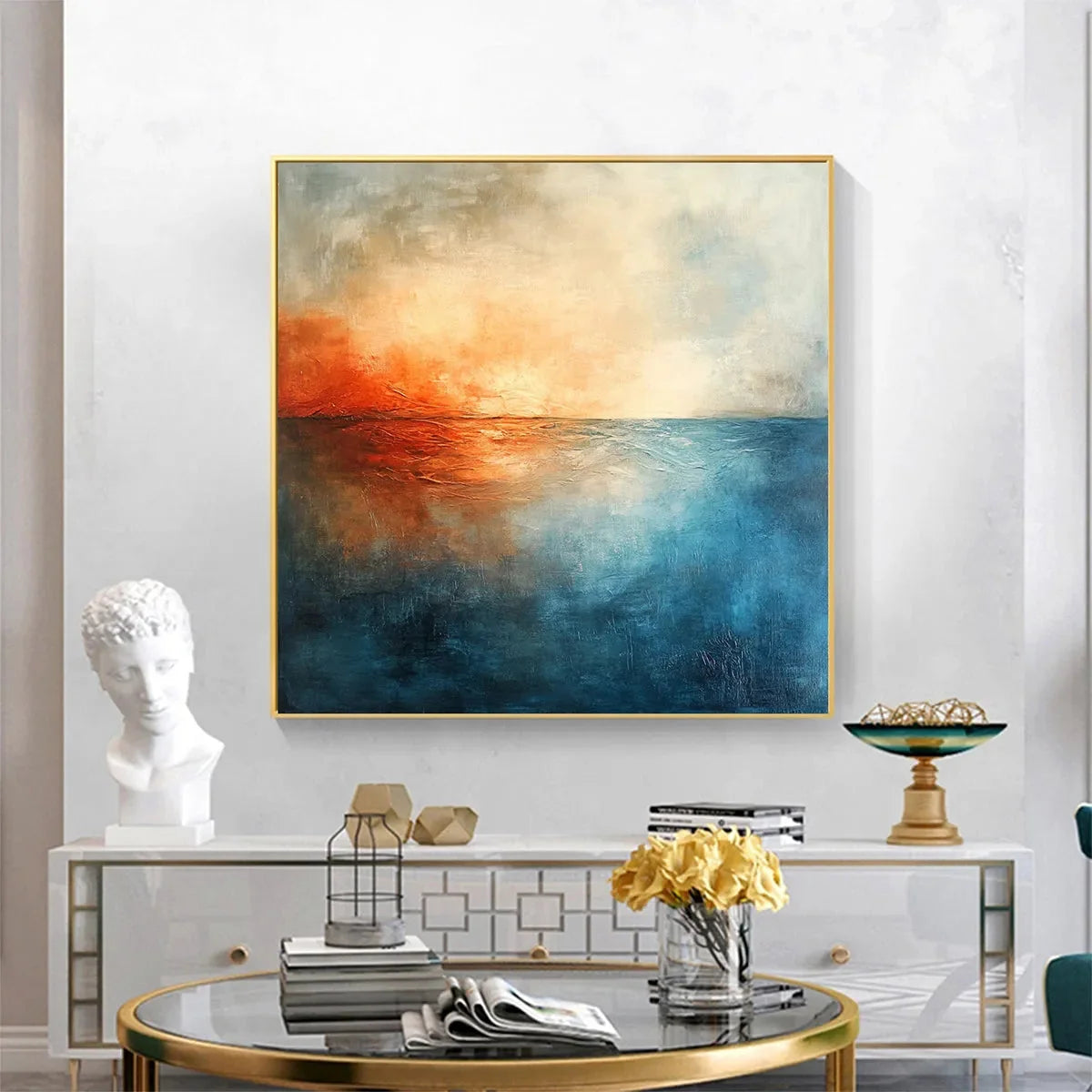 FIERY EMBRACE: Abstract Ocean Sunset Oil Painting | black frame version on white wall