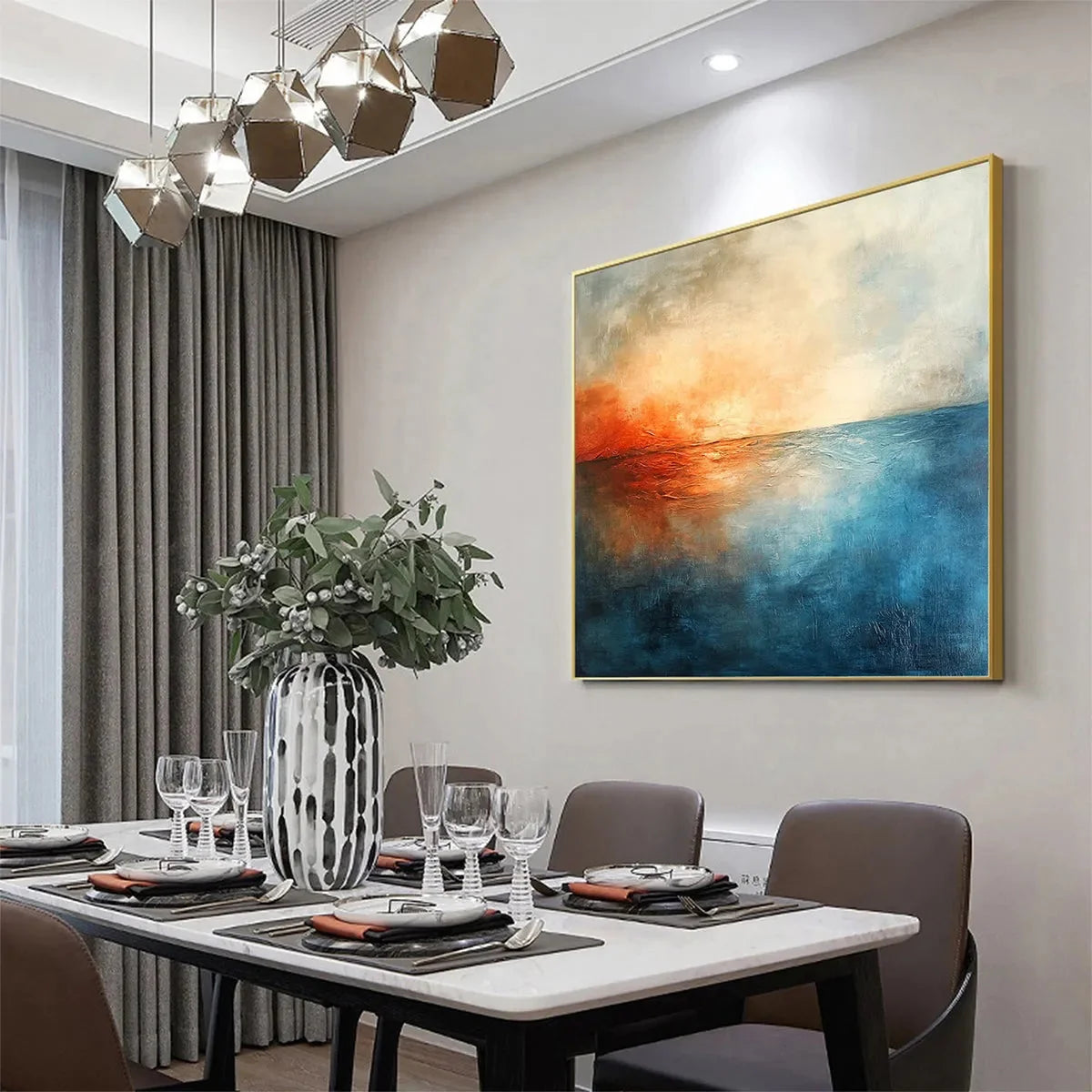 FIERY EMBRACE: Abstract Ocean Sunset Oil Painting | Abstract mood, soft natural light studio shot