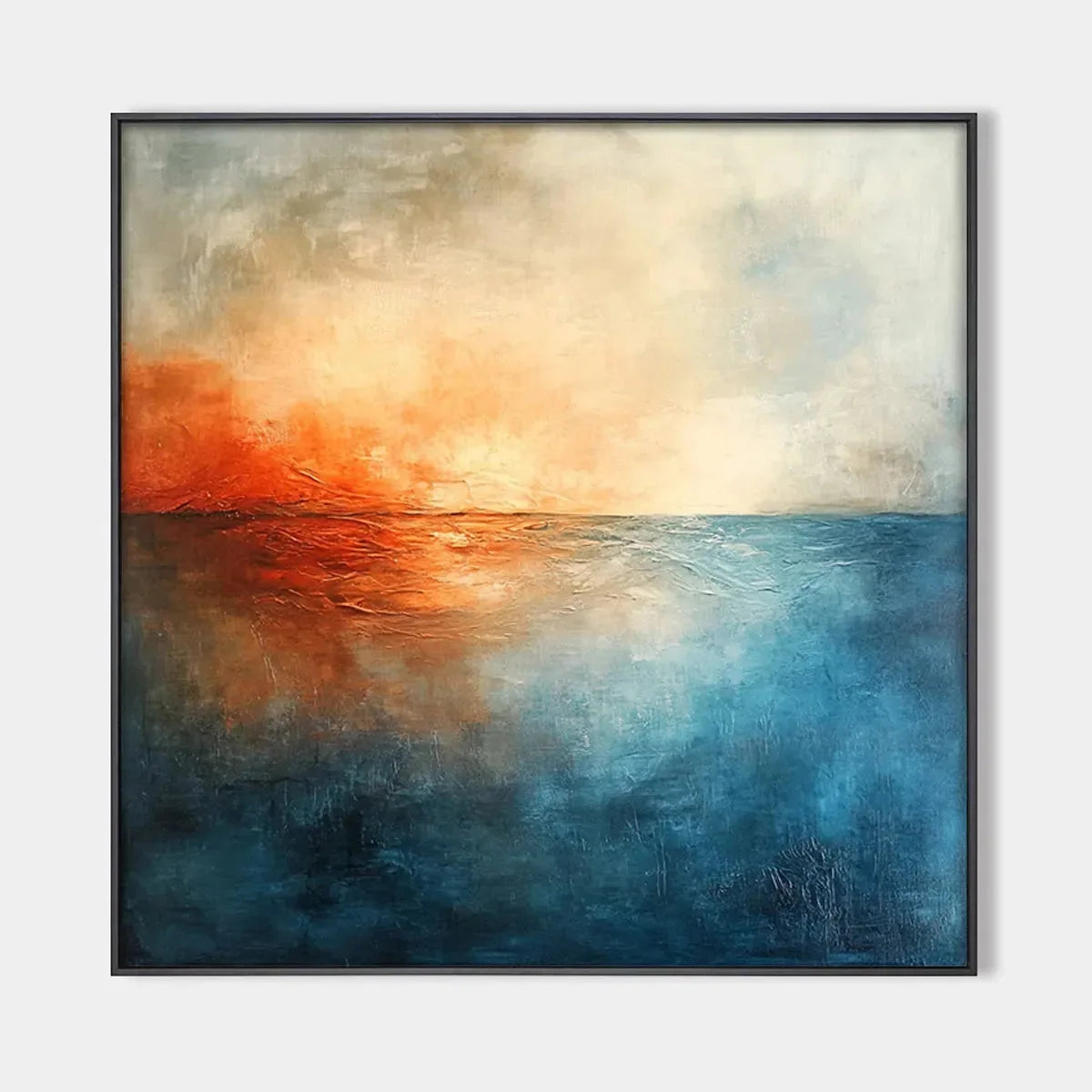 FIERY EMBRACE: Abstract Ocean Sunset Oil Painting | hanging in FIERY EMBRACE: Abstract Ocean Sunset Oil Painting featuring layered textured brushwork in refined tones; abstract composition with ric...