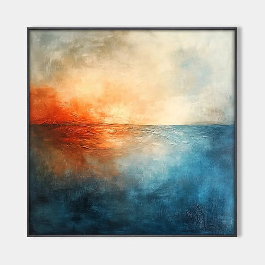 FIERY EMBRACE: Abstract Ocean Sunset Oil Painting | hanging in FIERY EMBRACE: Abstract Ocean Sunset Oil Painting featuring layered textured brushwork in refined tones; abstract composition with ric...