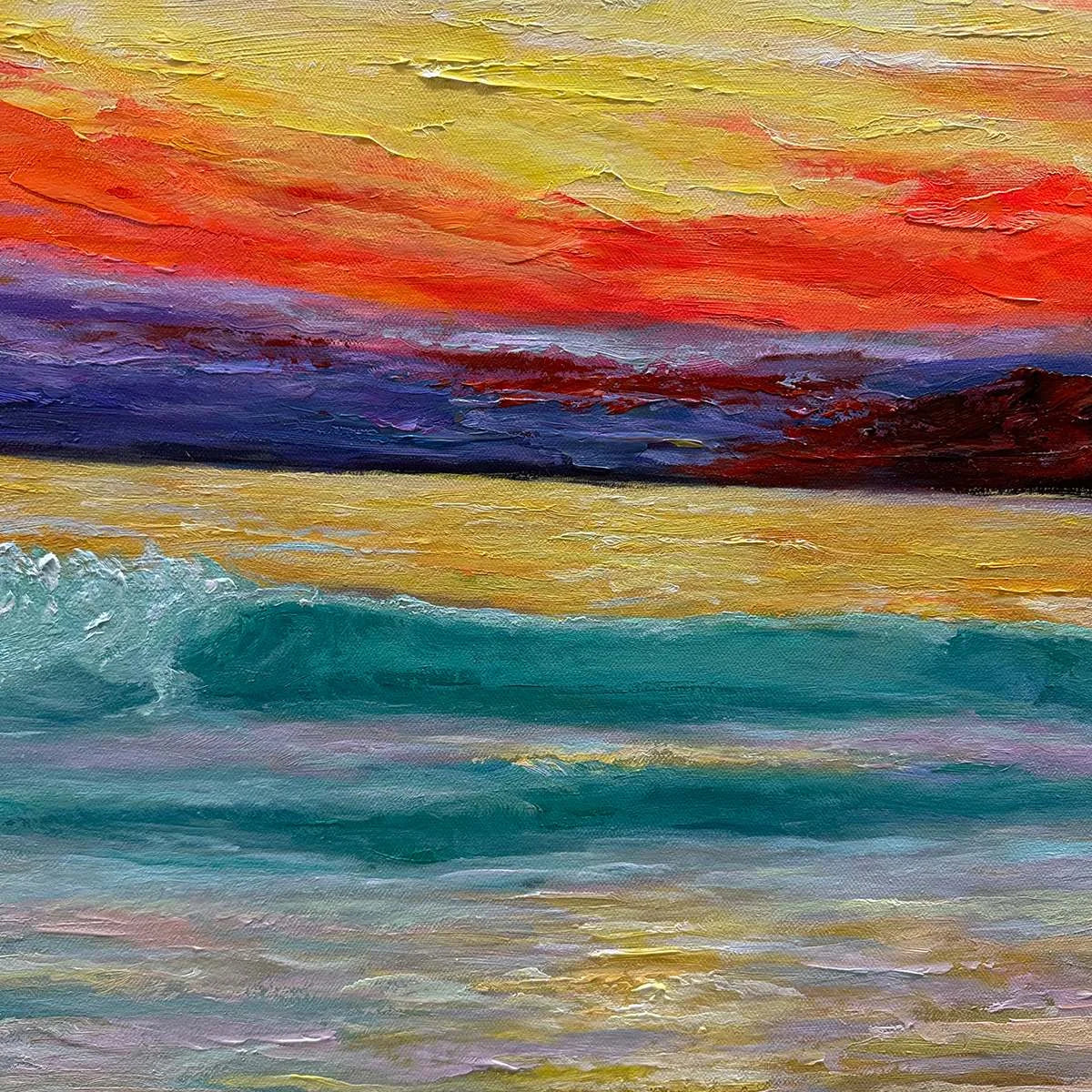 FIERY KISS: Coastal Sunset Oil Painting | rectangular format, hand-painted canvas edge
